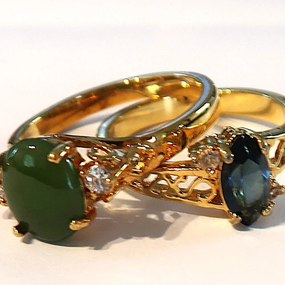 Two Rings Gold Tone Goth Style Blue and Green Stones Size 10 and Size 8.75 - Picture 6 of 7